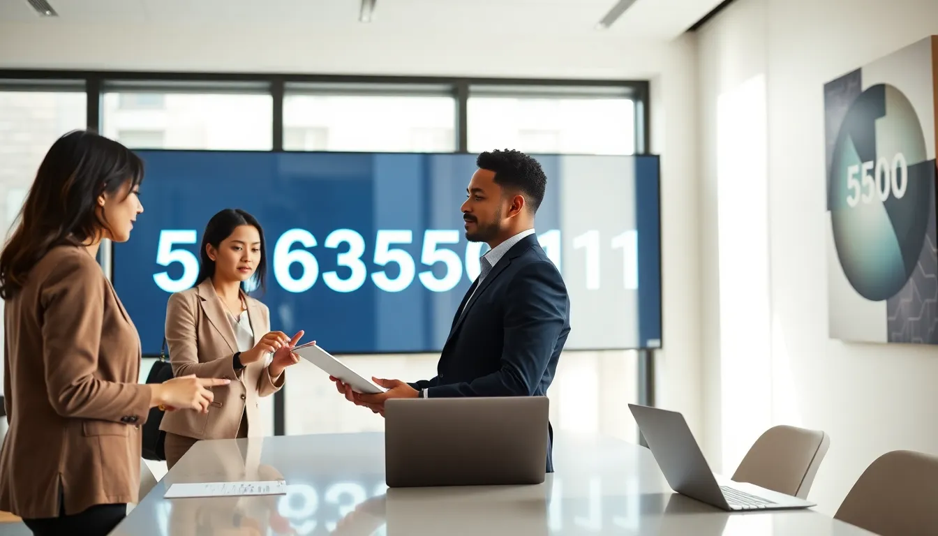 professionals discussing data in a modern office setting.